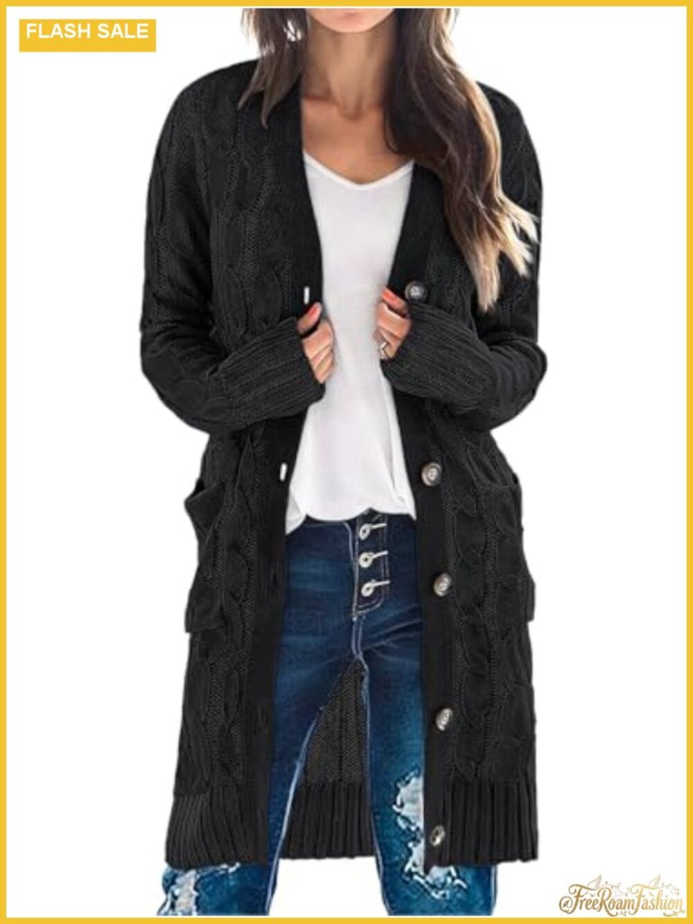 Cable Knit Button Long Cardigan Sweater Loose Boyfriend Fit Pockets